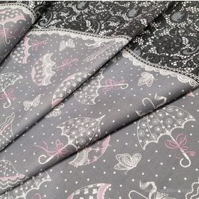   Szürke esernyők, bordűrös pamutvászon (half panama) 150 cm széles