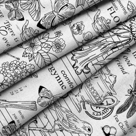   Flóra és Fauna pamutvászon (half panama) fehér alapon fekete minta