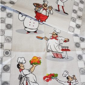 Waffle fabric with cheerful chefs, 50 cm wide.