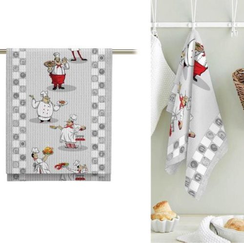 Waffle fabric with cheerful chefs, 50 cm wide.