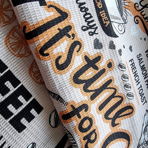 “Coffee Time” waffle fabric, 50 cm wide.