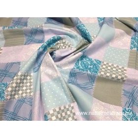 türkizkék, patchwork mintás pamutvászon