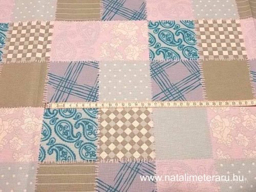 türkizkék, patchwork mintás pamutvászon